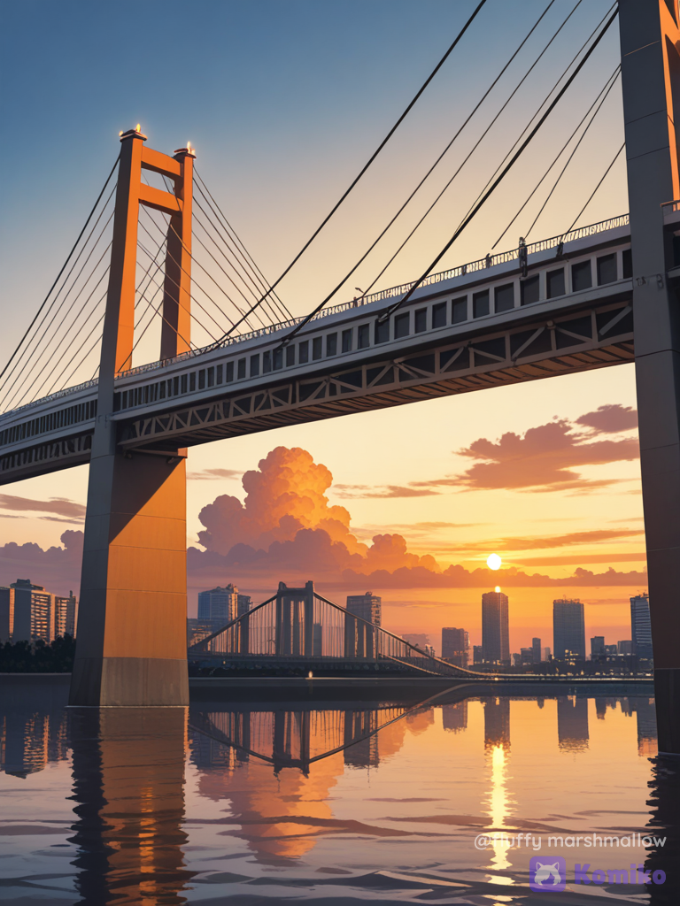 A highly realistic cinematic photograph of a beautiful urban city skyline viewed from across a wide river during sunset. A large suspension bridge stretches horizontally across the scene, with tall bridge towers, cables and illuminated structural details. Behind the bridge is a dramatic modern city skyline with several tall skyscrapers and high-rise buildings appearing as dark silhouettes.
The sky is the main focus, filled with warm golden-orange and amber sunset colors fading into soft gray-blue tones higher in the sky. Scattered dark clouds are beautifully illuminated by the setting sun, creating a dramatic and atmospheric evening mood.
In the foreground, a wide calm river reflects the warm orange and golden tones of the sunset, with subtle natural ripples on the water. The distant buildings and bridge are slightly silhouetted against the glowing horizon.
Wide landscape composition, cinematic sunset photography, realistic atmospheric haze, natural reflections, soft contrast, warm golden-hour lighting, subtle film grain, realistic water texture, clouds, professional travel photography, photorealistic, high dynamic range, quality, peaceful yet dramatic mood.
No people, no text, no watermark, no excessive saturation, natural realistic colors.