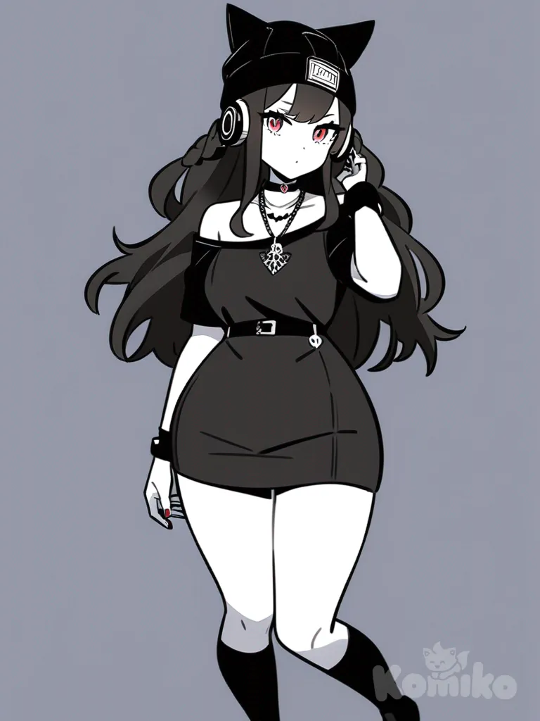 1girl, lineart, teenager, curvy, tall, black hair, long hair, red eyes, pale skin, little black dress, thigh-high socks, wolf ears, choker, necklace, headphones, beanie, jewelry, single character, full body, looking at viewer, anime style, simple background, white background