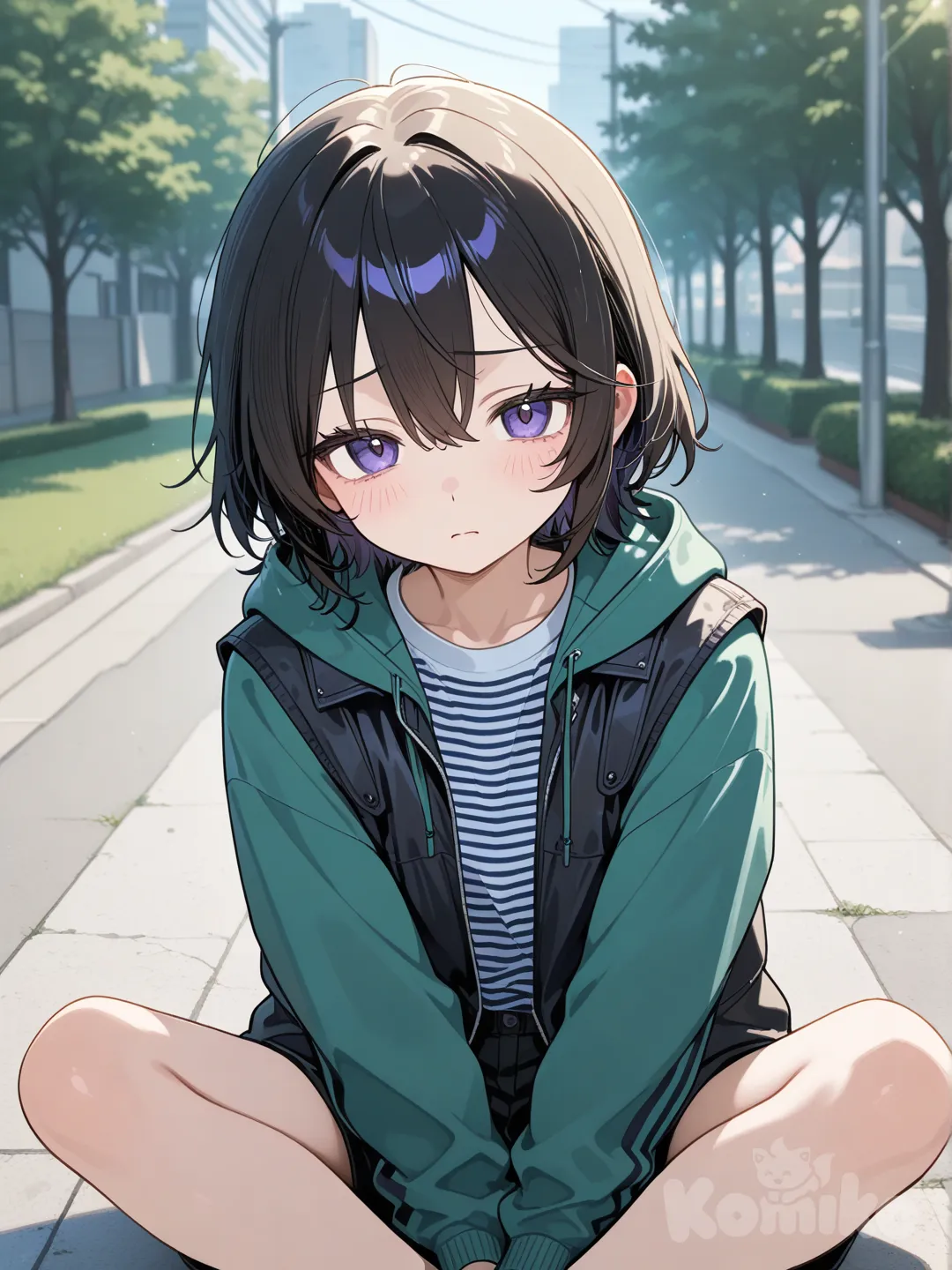 vest, v sign, blurred background, outdoor adventure jacket, hoodie, striped shirt, t-shirt, sitting on the ground, depressed