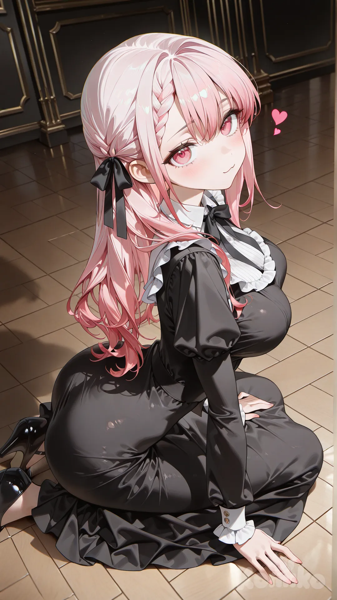 1girl, [high-gloss-illustration-style], blush, little black dress, pink hair, pink eyes, large breasts, ass, braided bangs, She kneels on the floor, she has hearts in her eyes
