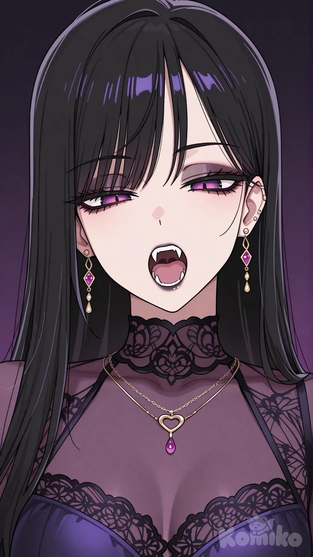1girl, solo, long black hair, open mouth, black hair, photoshop (medium), jewelry, upper body, earrings, necklace, dark makeup, eyeshadow, photo (medium), vampire, purple eyes, sexy, black, purple dress lace, [toon-shaded-style]