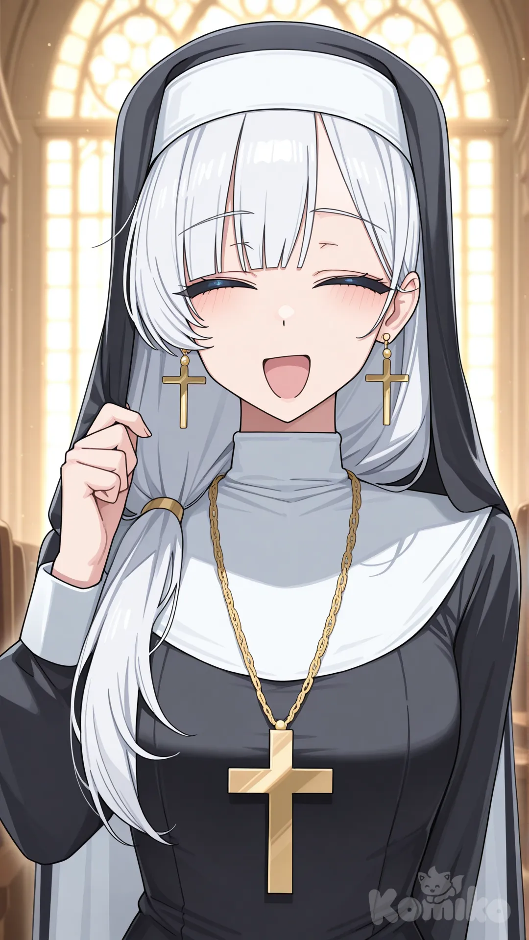 1girl, The image shows an anime-style character dressed as a nun, portrayed with soft lighting and a warm, cheerful atmosphere
She has long, white hair that falls over her shoulders. Her bangs are thick and partially cover her eyes, eyes blue. 
Her eyes are closed in a joyful, relaxed expression, and she is smiling widely, giving her a bright, warm appearance.
She is wearing a traditional black-and-white nun outfit:
A white coif covering the top of her head
A black veil draped over it
A fitted black dress with white fabric around the neck are
She wears elegant, dangling gold earrings with small blue jewels embedded in them.
Around her neck hangs a large, ornate gold cross on a thick chain, which stands out strongly due to its size and bright shine
She is touching one of her earrings with her right hand, as if adjusting it or showing it off.
Her expression is very lively and happy—her mouth is open in a wide smile, almost laughing.
The overall mood suggests warmth, friendliness, 
The setting seems to resemble the inside of a church or chapel—light, blurred forms suggest pews and windows behind her.
Lighting is bright and soft, giving the image a gentle, almost glowing atmosphere.
, [toon-shaded-style]
