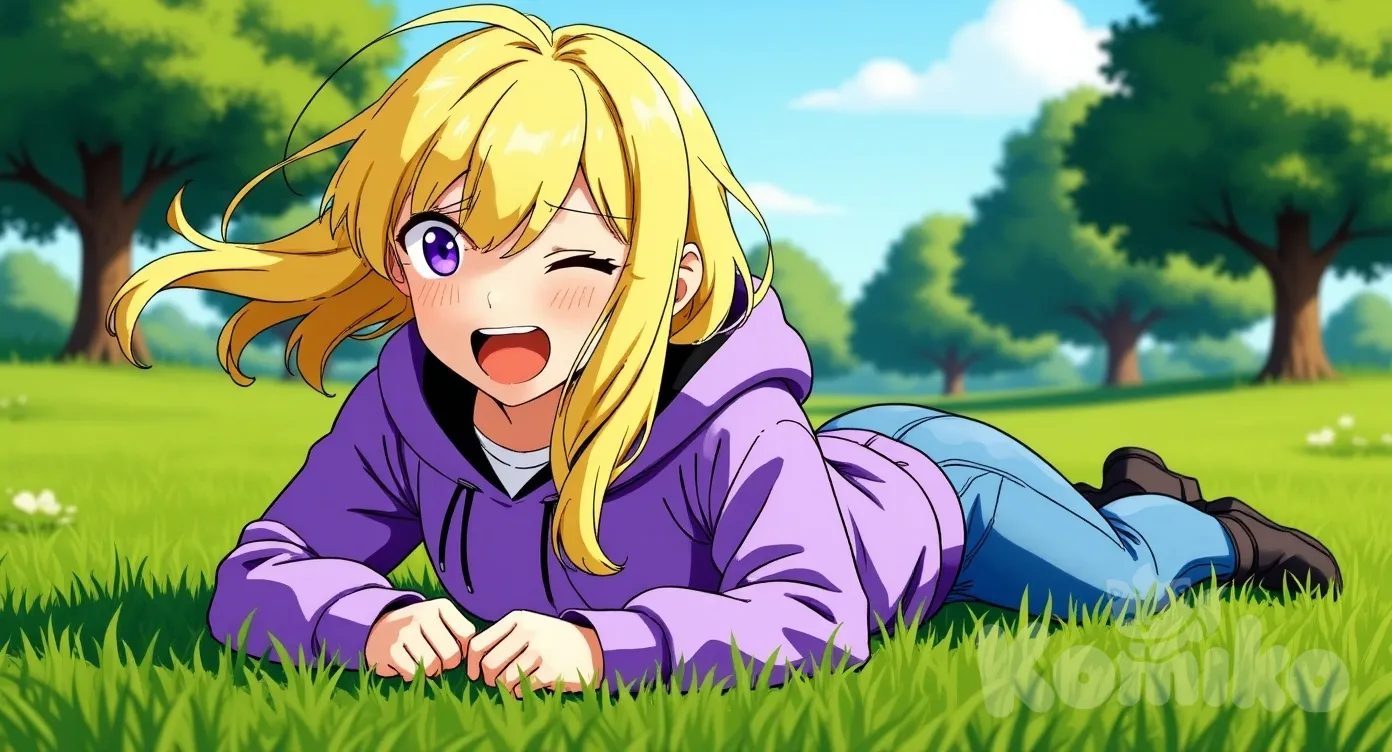 Ника лежит на природе и подмигивает