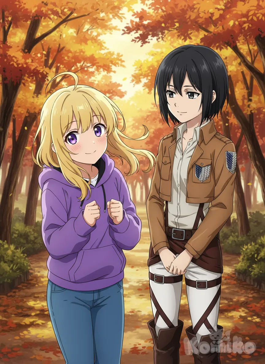 Ника и Микаса Аккерман на фоне осени