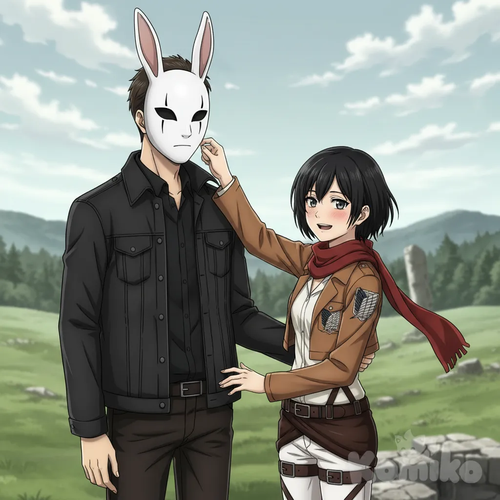 Mikasa Ackerman trying to playfully take off Hazzvool mask