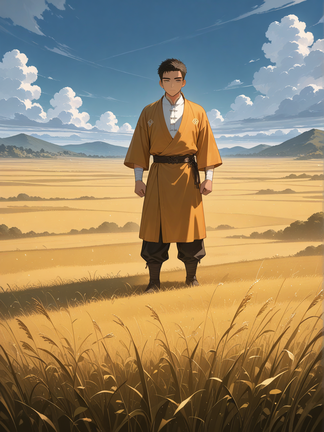 A monk standing in the grassland