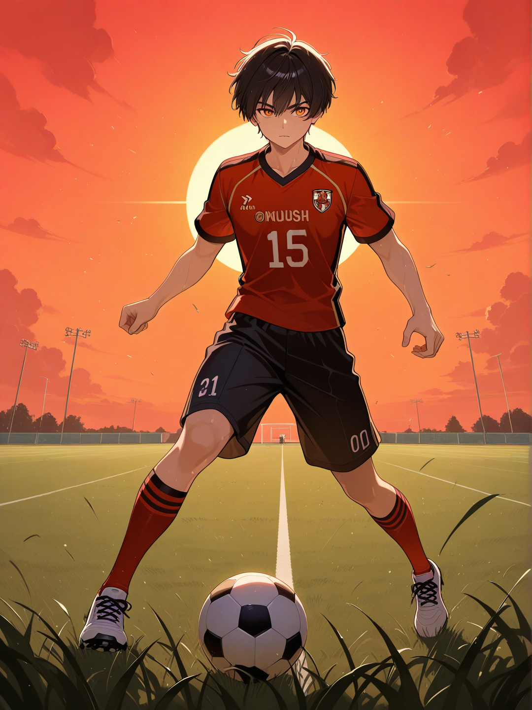Sunset and soccer boy