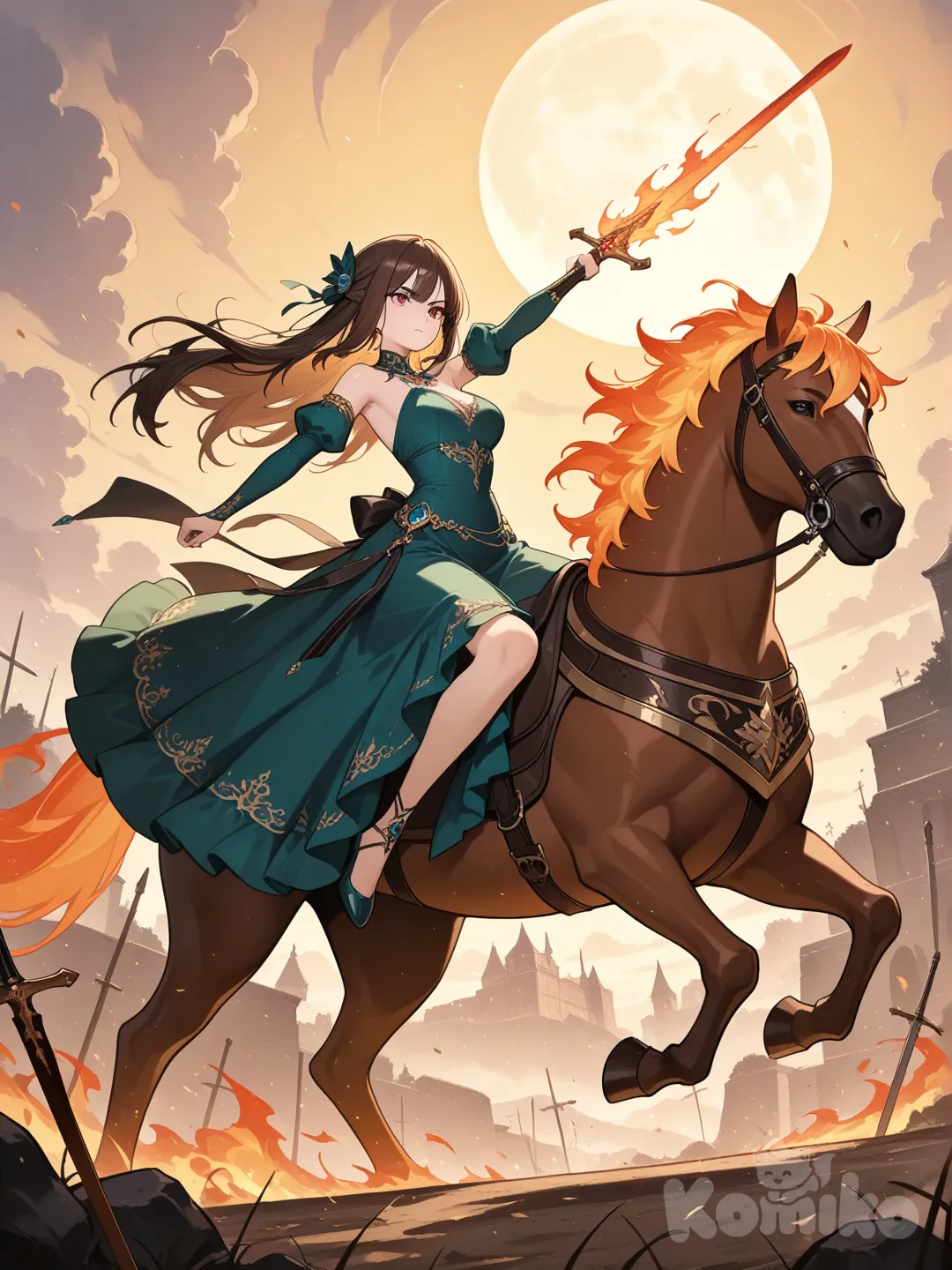 Uma mulher montada em cima de um cavalo de fogo segurando uma espada usando um vestido