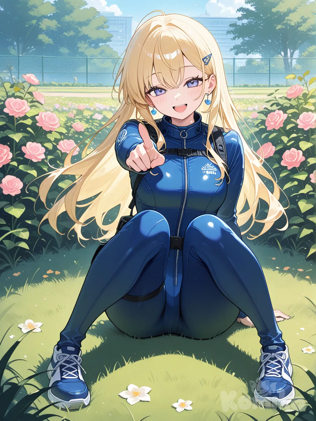 sitting on the ground, pointing at viewer, smile, open mouth, diving suit, earrings, blonde hair, navy blue, full body, garden