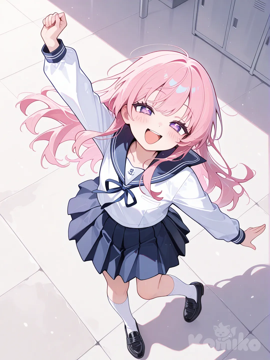 Uma mulher de cabelos rosa , dancing, laughing, school uniform, knee-high socks, full body, bird's-eye view