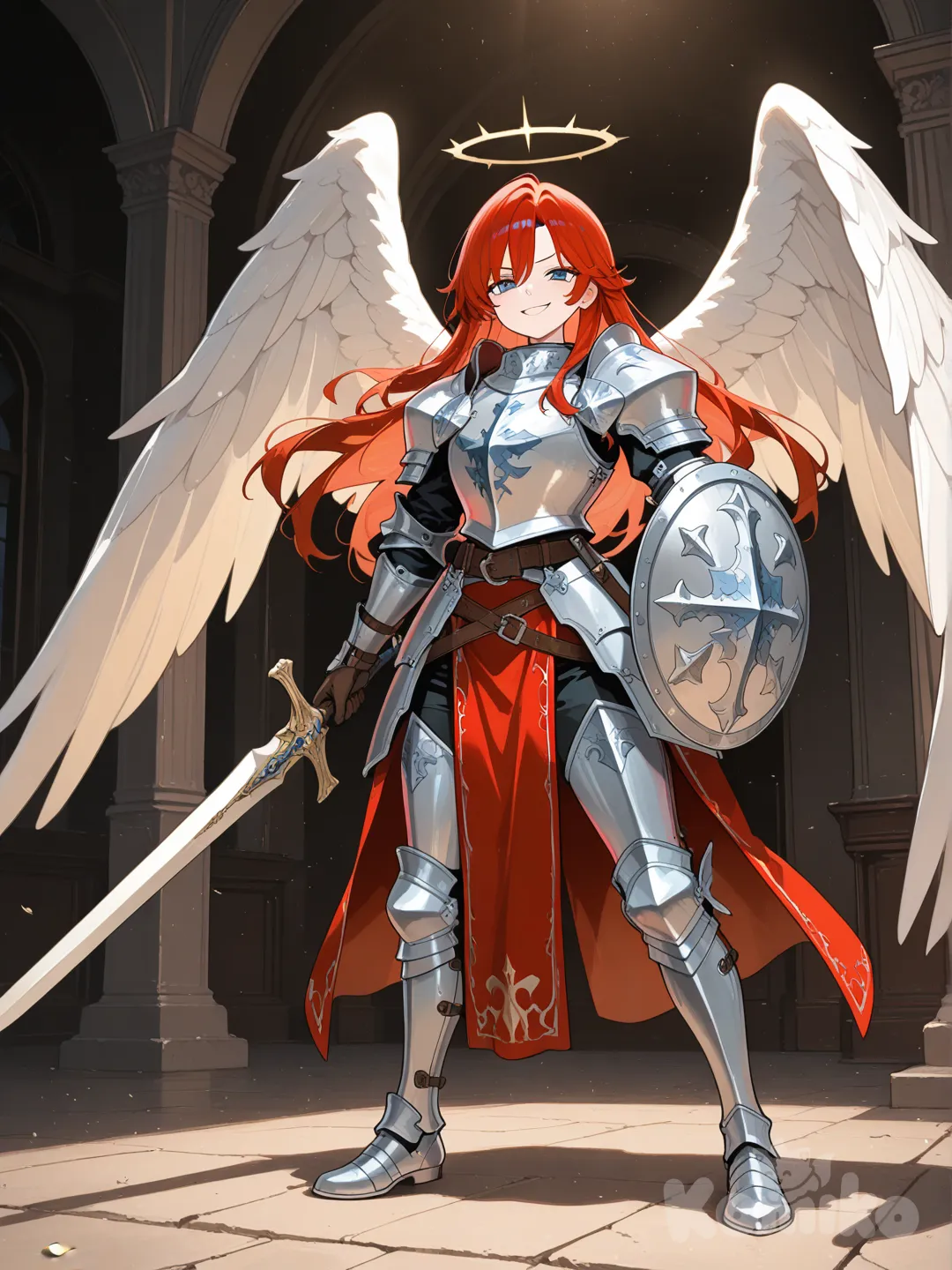 Uma menina de cabelos vermelhos olhos azuis com asas usando uma armadura com um espada e escudo , smirk, full body