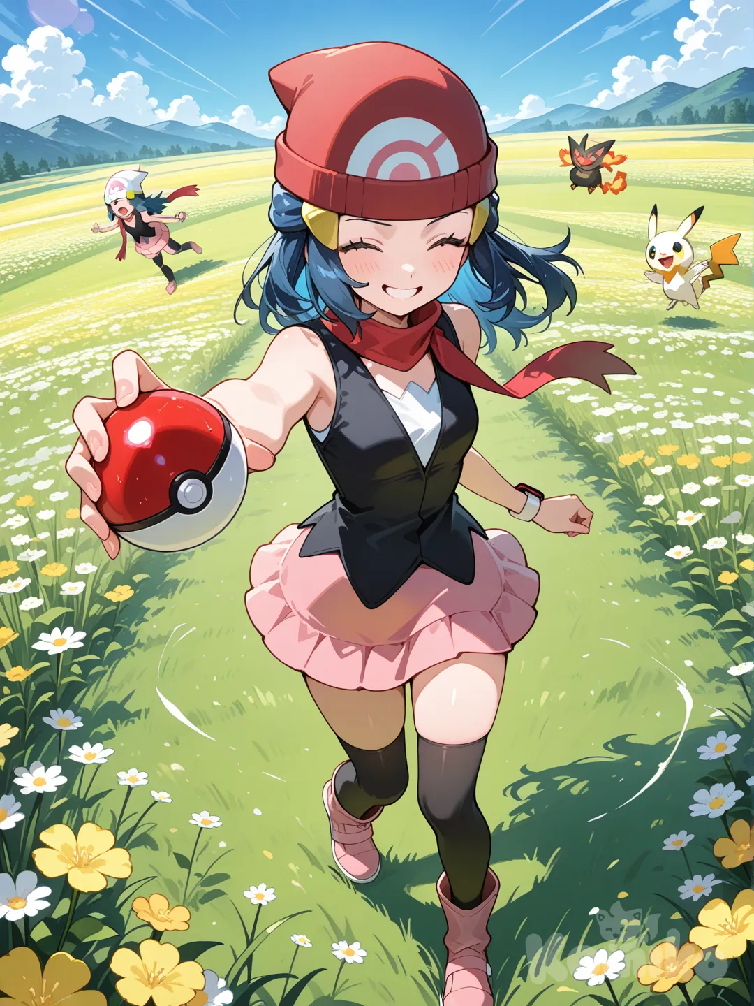 @Dawn_(Pokemon) casando pokémon , laughing, full body, ambient light, flower field