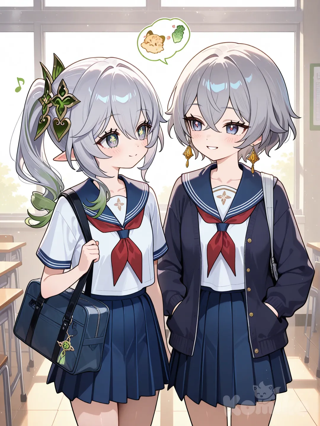 2girls, @Nahida_(Genshin_Impact)@Bronya_Zaychik amigas da escola , school uniform