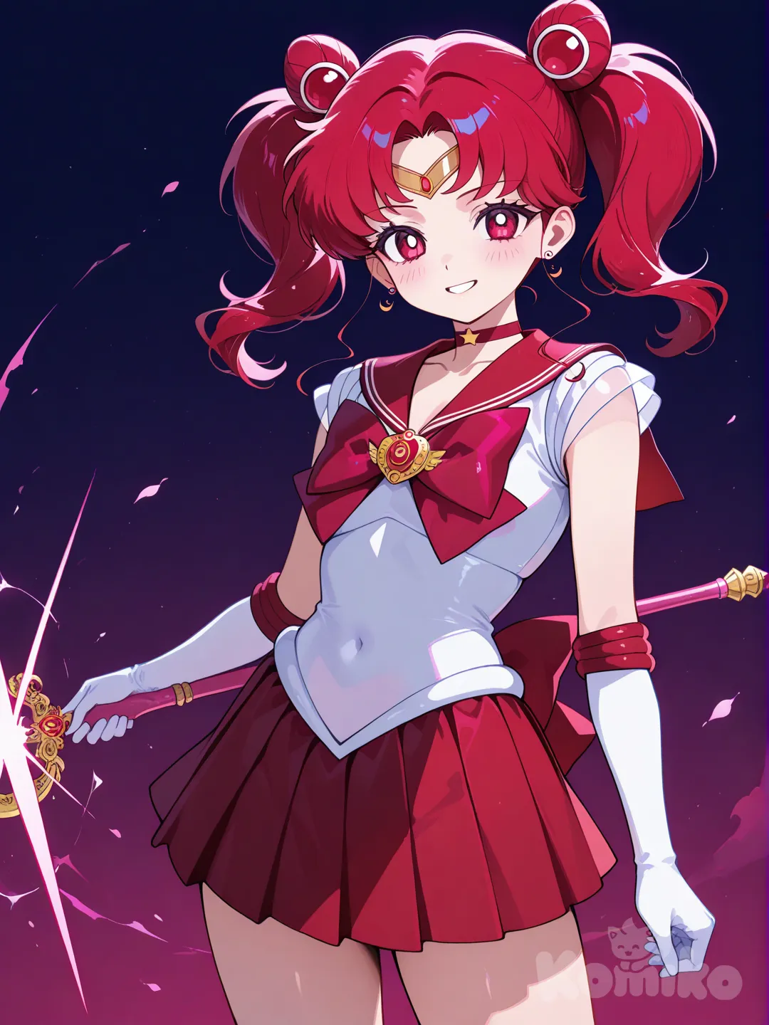 Sailor SHINZO cosplay with a on , 1girl, solo, sailor Warrior uniform, skirt, gloves, white gloves, holding, twintails, (projectile), choker, sailor collar, Red eyes, Red bow, Red hair, Red sailor collar, smile, hord, sailor senshi uniform