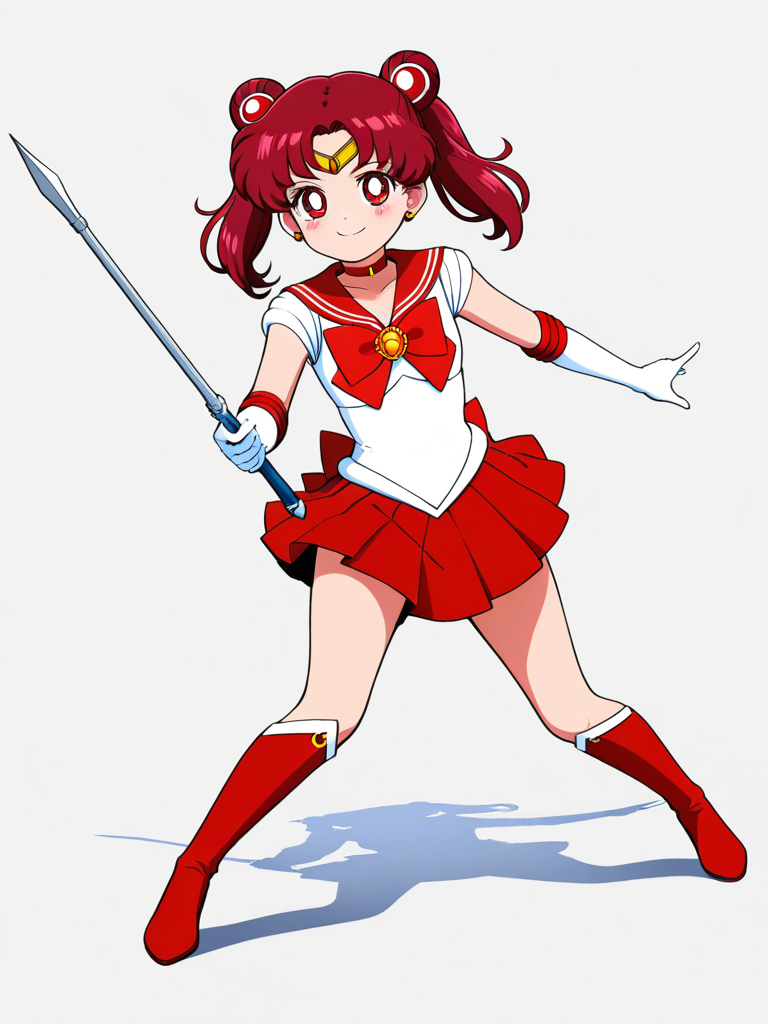 1girl, shinzo_(cosplay), sailor senshi uniform, skirt, white gloves, twintails, red hair, red eyes, smile, choker, red sailor collar, red bow, holding projectile, single character, full body, looking at viewer, anime style, simple background, white background