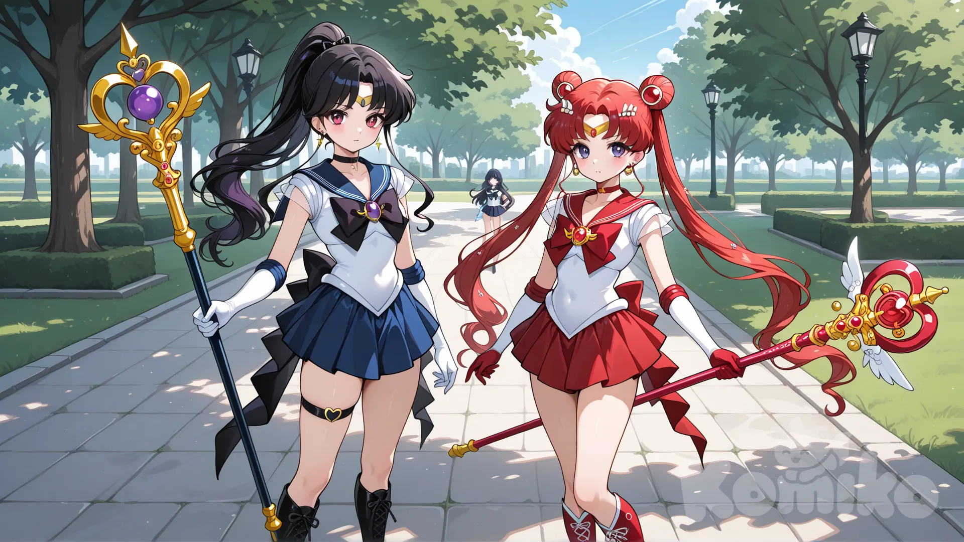 Sailor Shinzo, @asuki-ayami-urOa, @sailor-shinzo-5x0R, 2girls, solo, blue sailor collar, blue skirt, park