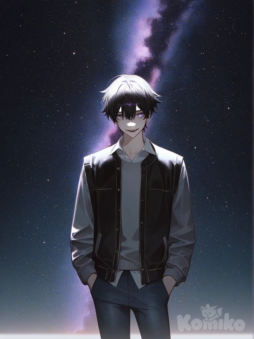 fate anime style character, heroic pose, anime art, epic scene, 1boy, [high-contrast-glossy-style], hands in pockets, looking back, vest, evil smile, jeans, wide shot, cowboy shot, night, cosmic background