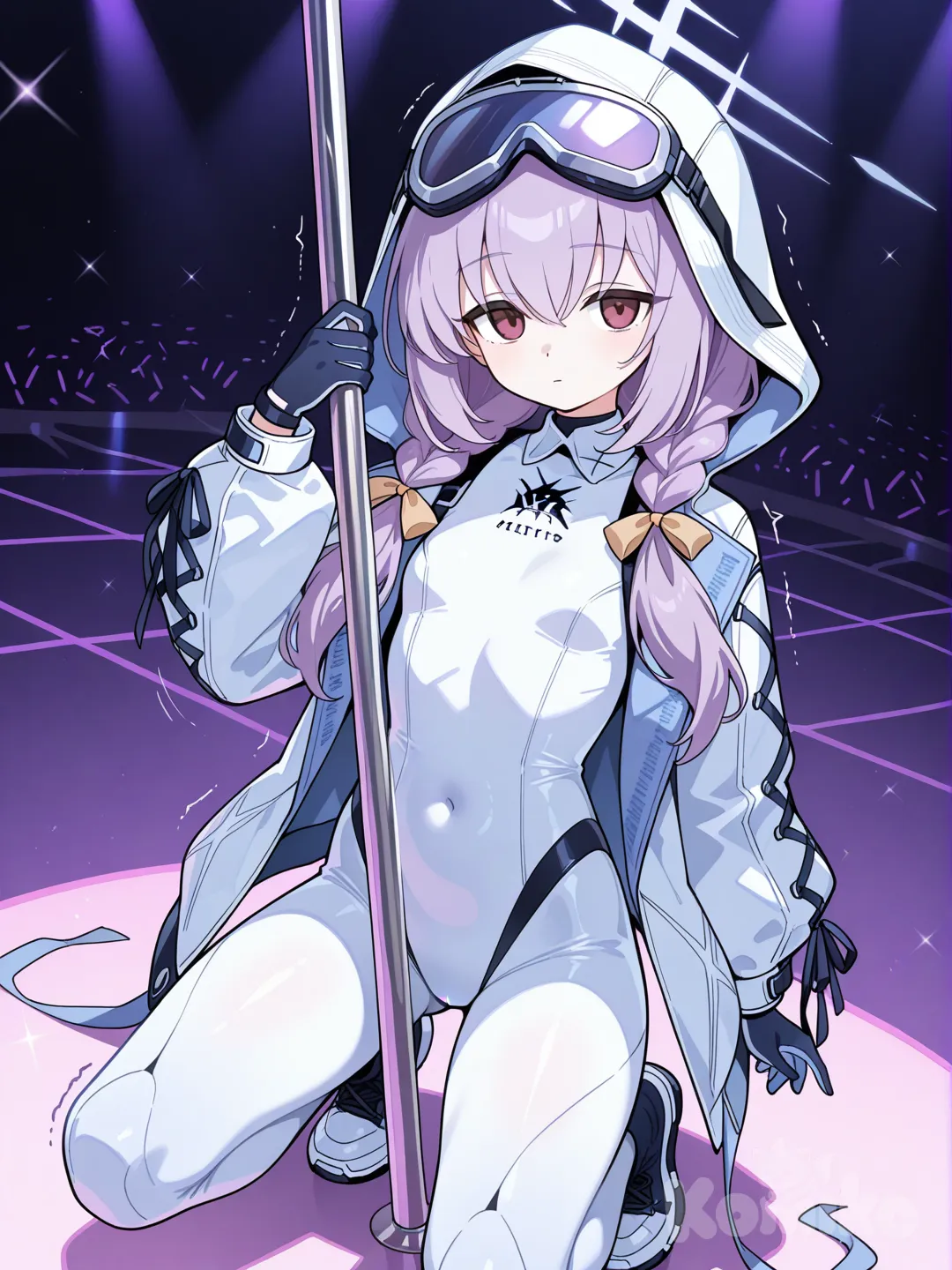 1girl,atsuko (blue archive), gloves, bodysuit,white bodystocking,white bodysuit,tech bodysuit,impossible bodysuit,no coat,flat chest,ass,from front,high-res,solo,goggles on head,Shaking the body,stripper pole,pole,pole dancing,no emotion,holding pole, full body