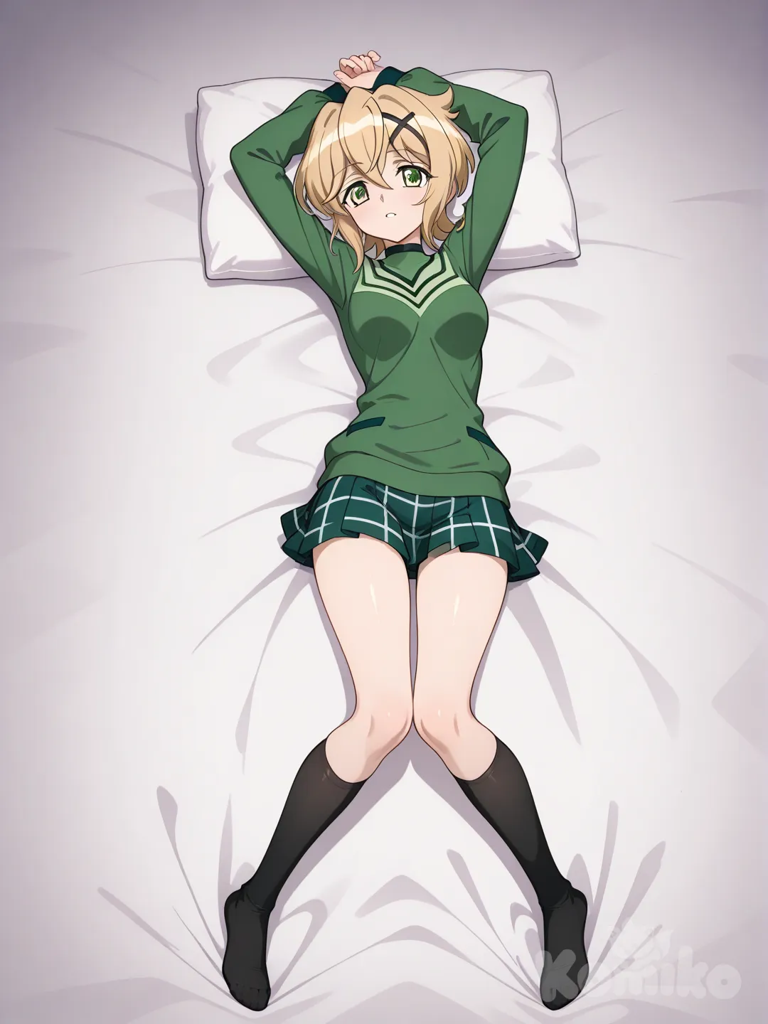 Akatsuki Kirika(senki zesshou symphogear),gear inner, full body, on back, arms up, senki zesshou symphogear style