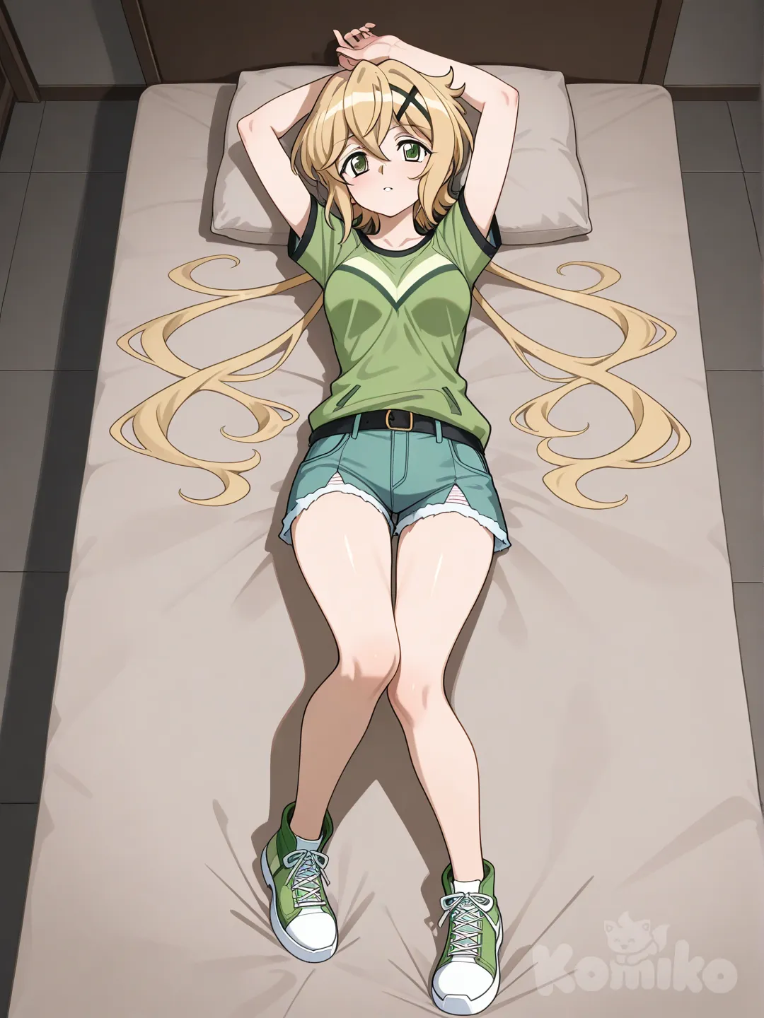 Akatsuki Kirika(senki zesshou symphogear),gear inner, full body, on back, arms up, senki zesshou symphogear style