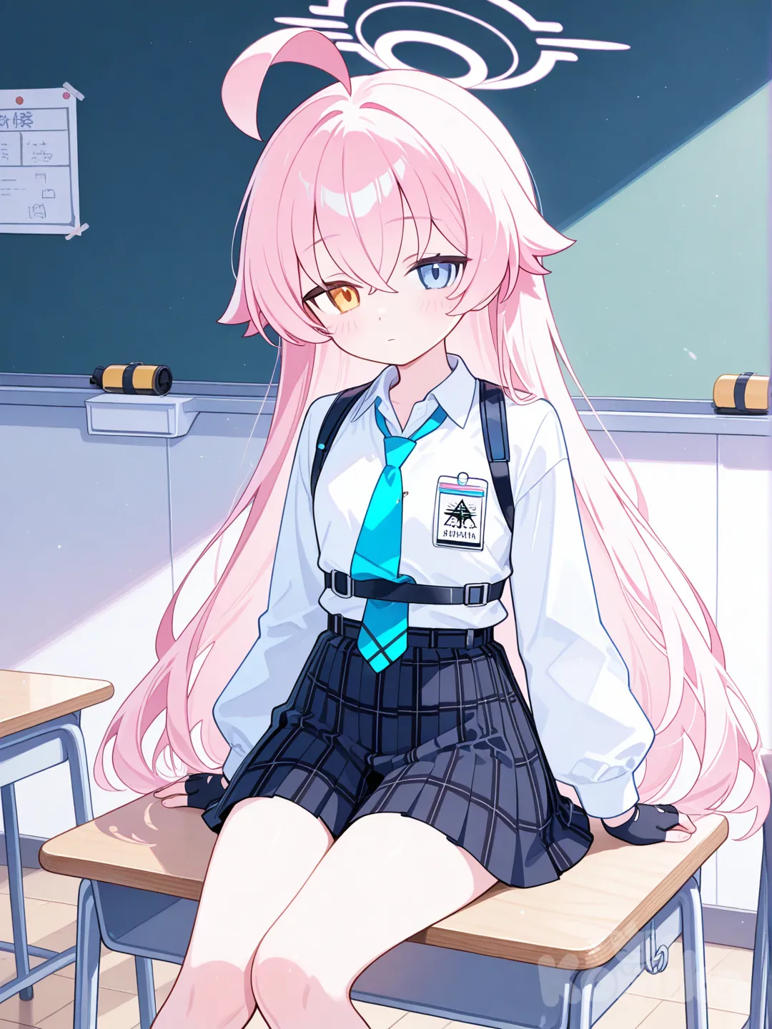 1girl,gloves,solo,no emotion, hoshino (blue archive), sitting on the class table