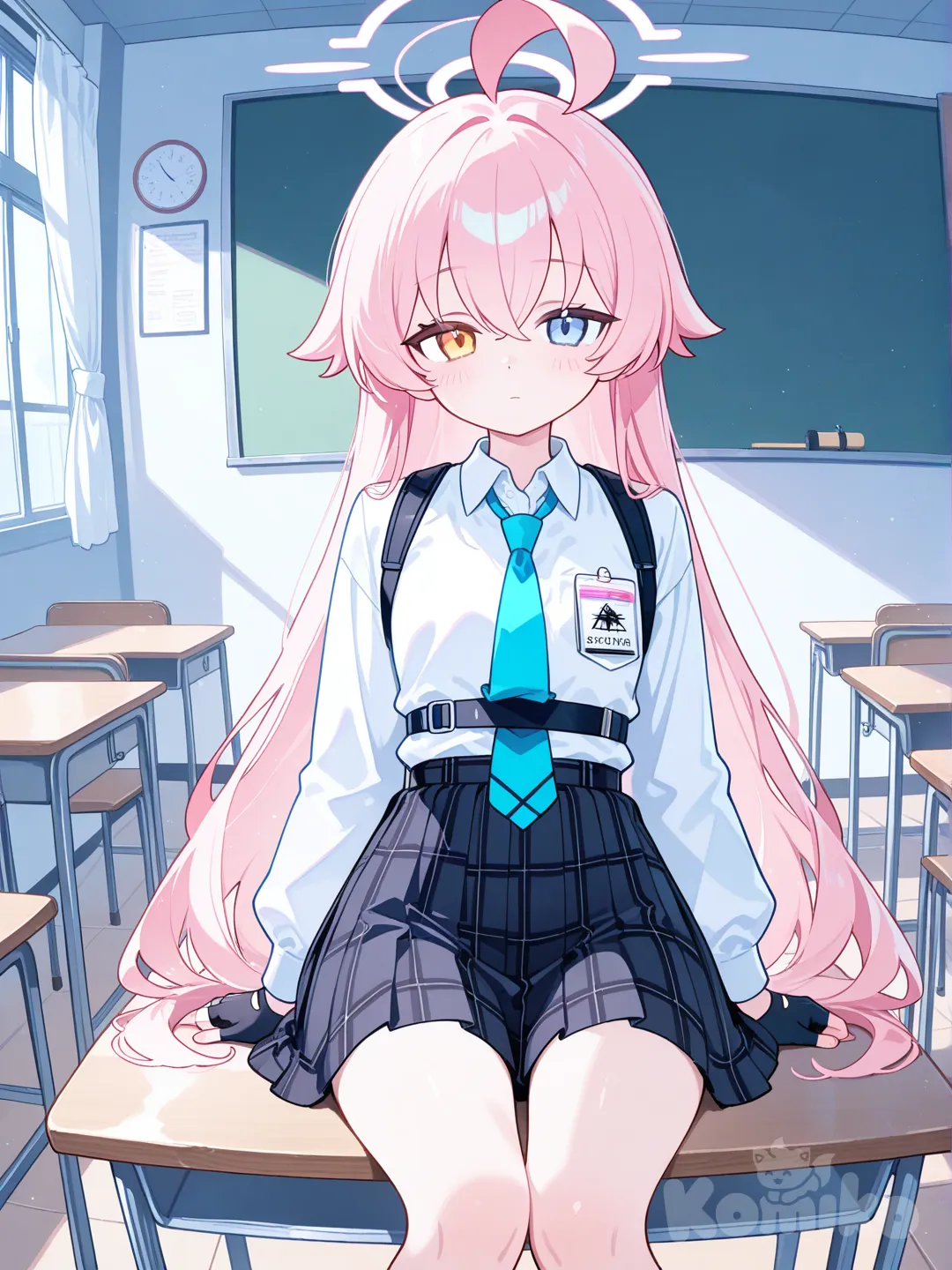 1girl,gloves,solo,no emotion, hoshino (blue archive), sitting on the class table