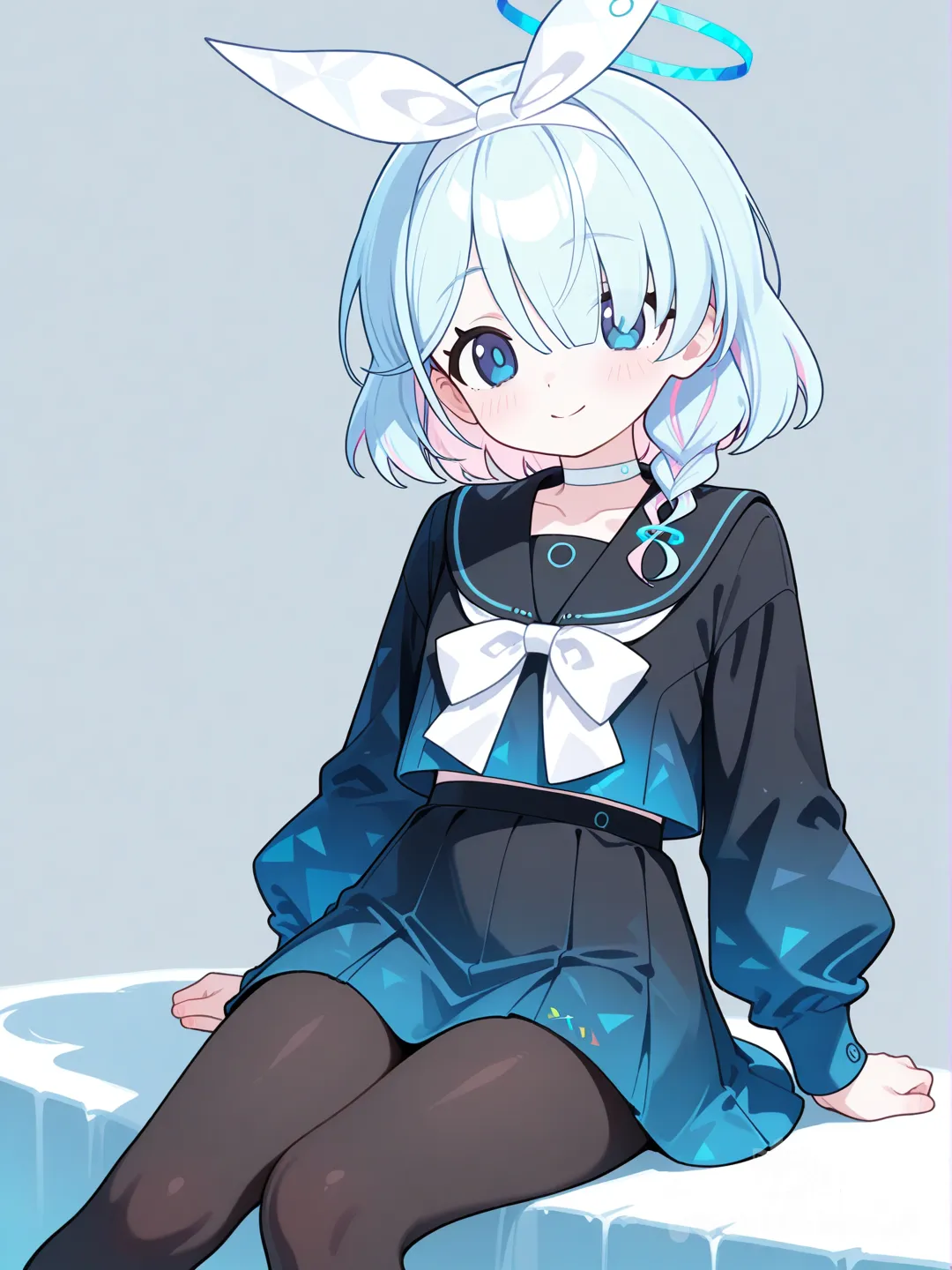 arona (blue archive), black pantyhose, sitting, looking at viewer, white hair, blue eyes