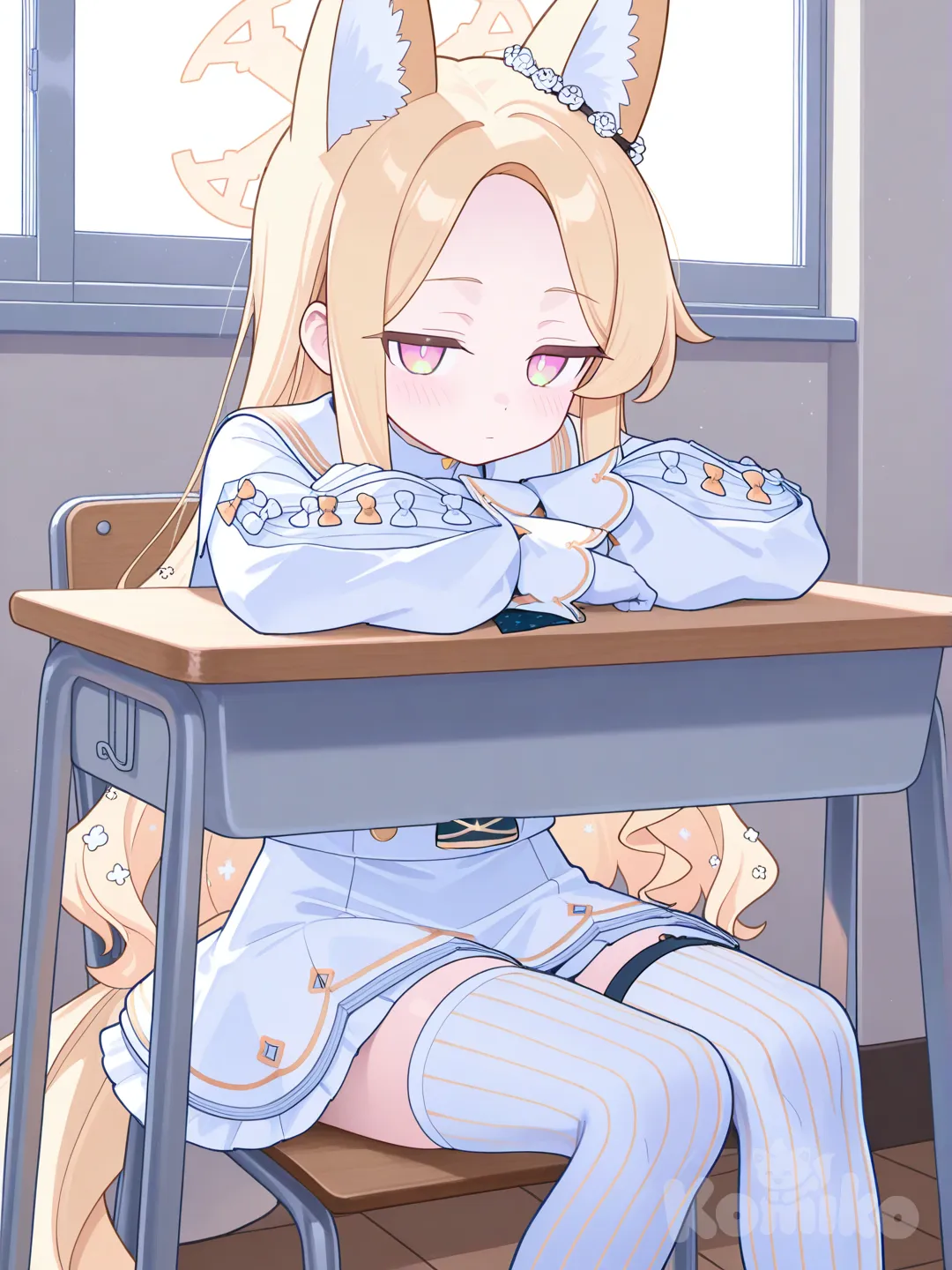 1girl,gloves,solo,no emotion, seia (blue archive), sitting on the class table