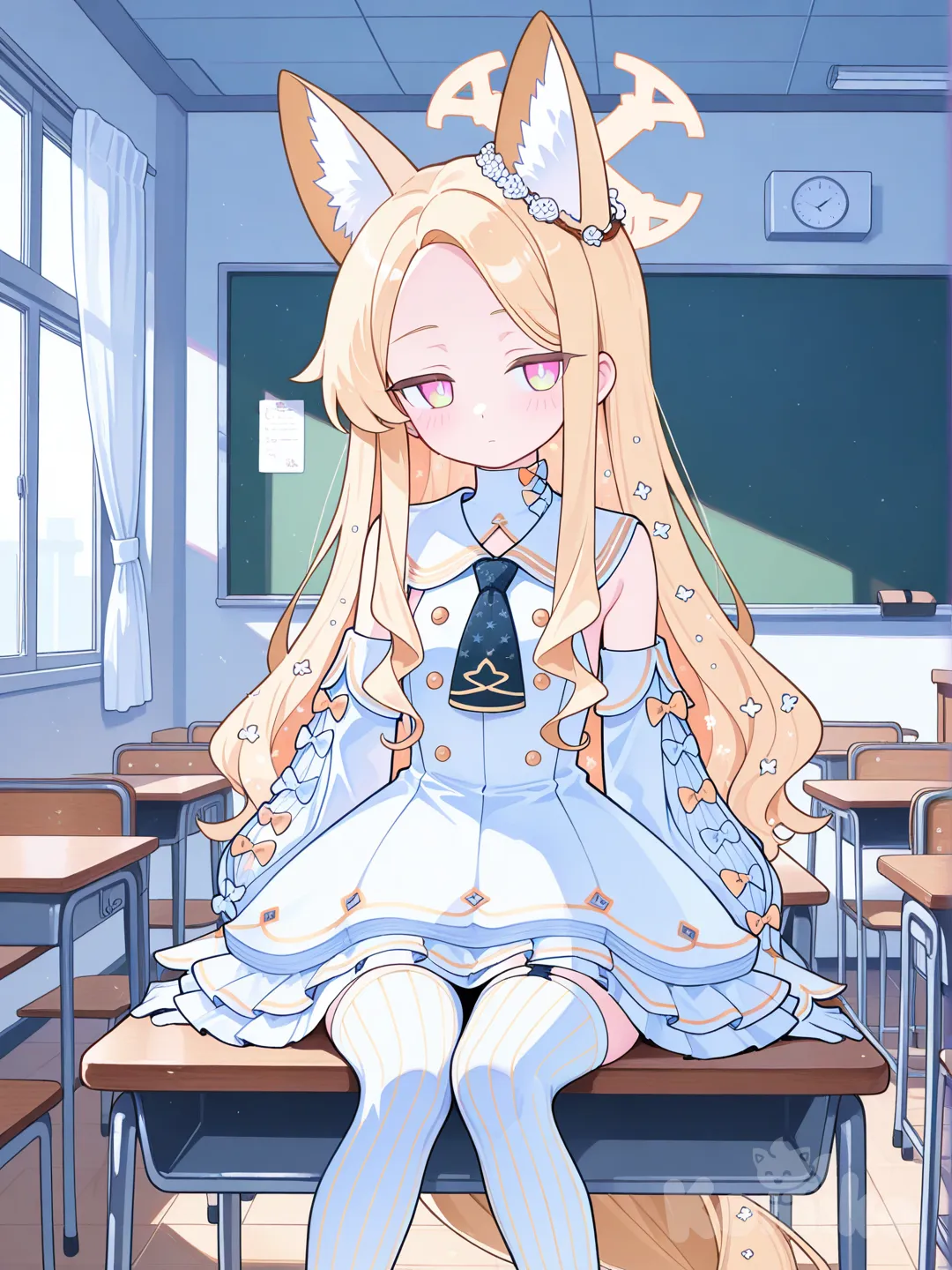 1girl,gloves,solo,no emotion, seia (blue archive), sitting on the class table