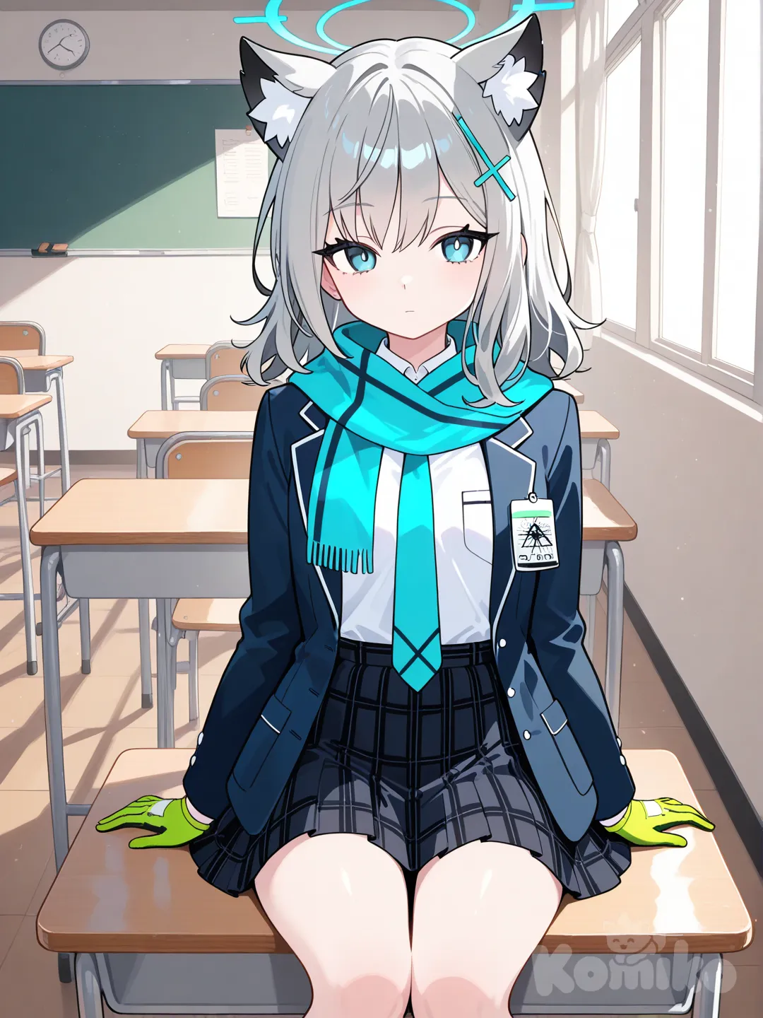 1girl,gloves,solo,no emotion, siroko (blue archive), sitting on the class table