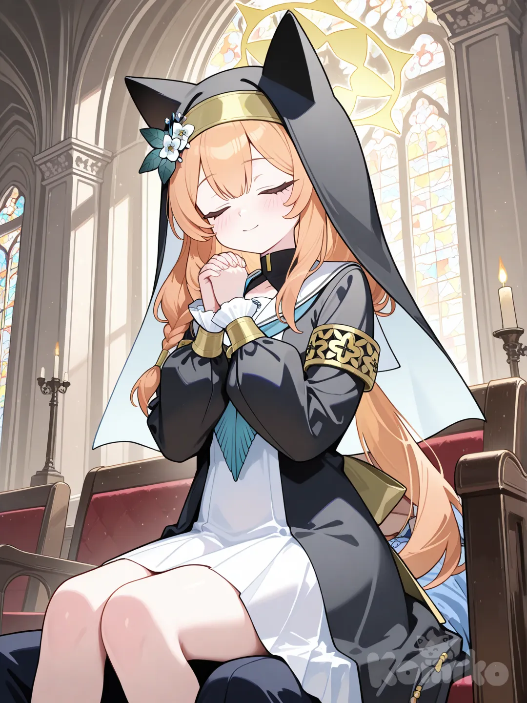 mari(blue archive),in church, praying, sitting on person