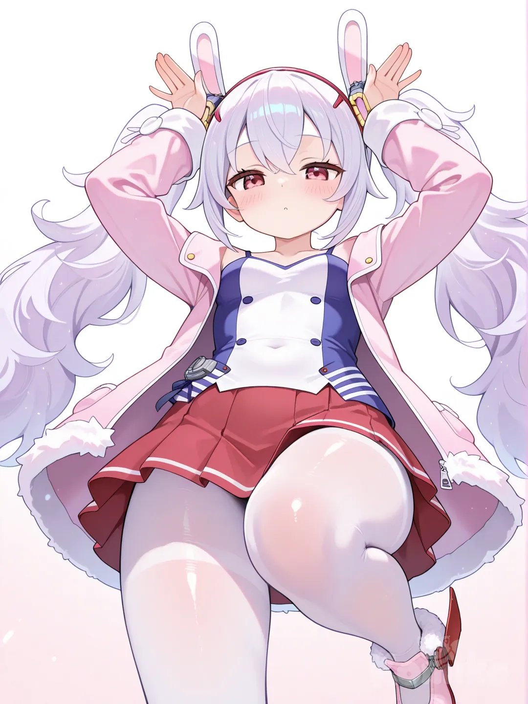 laffey (azur lane),short skirt,shirt,white pantyhose,shiny skin, skin tight,pink footwear, rabbit pose, rabbit ear hairband, from below, standing on one leg