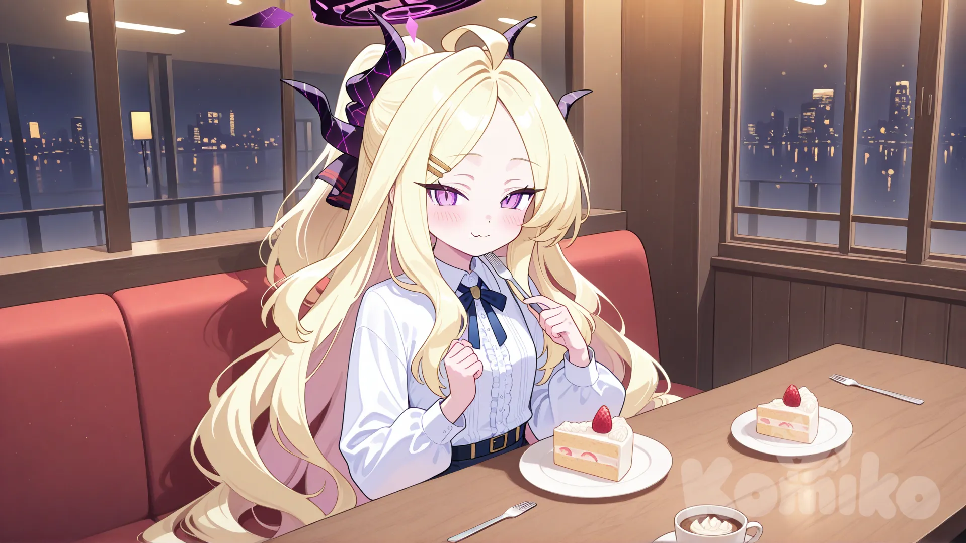 hina (blue archive), in restaurant,eating a cake