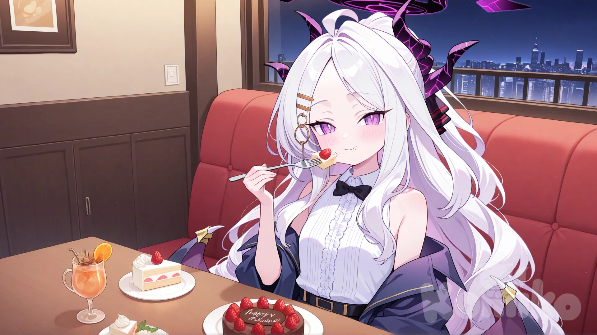 hina (blue archive), in restaurant,eating a cake