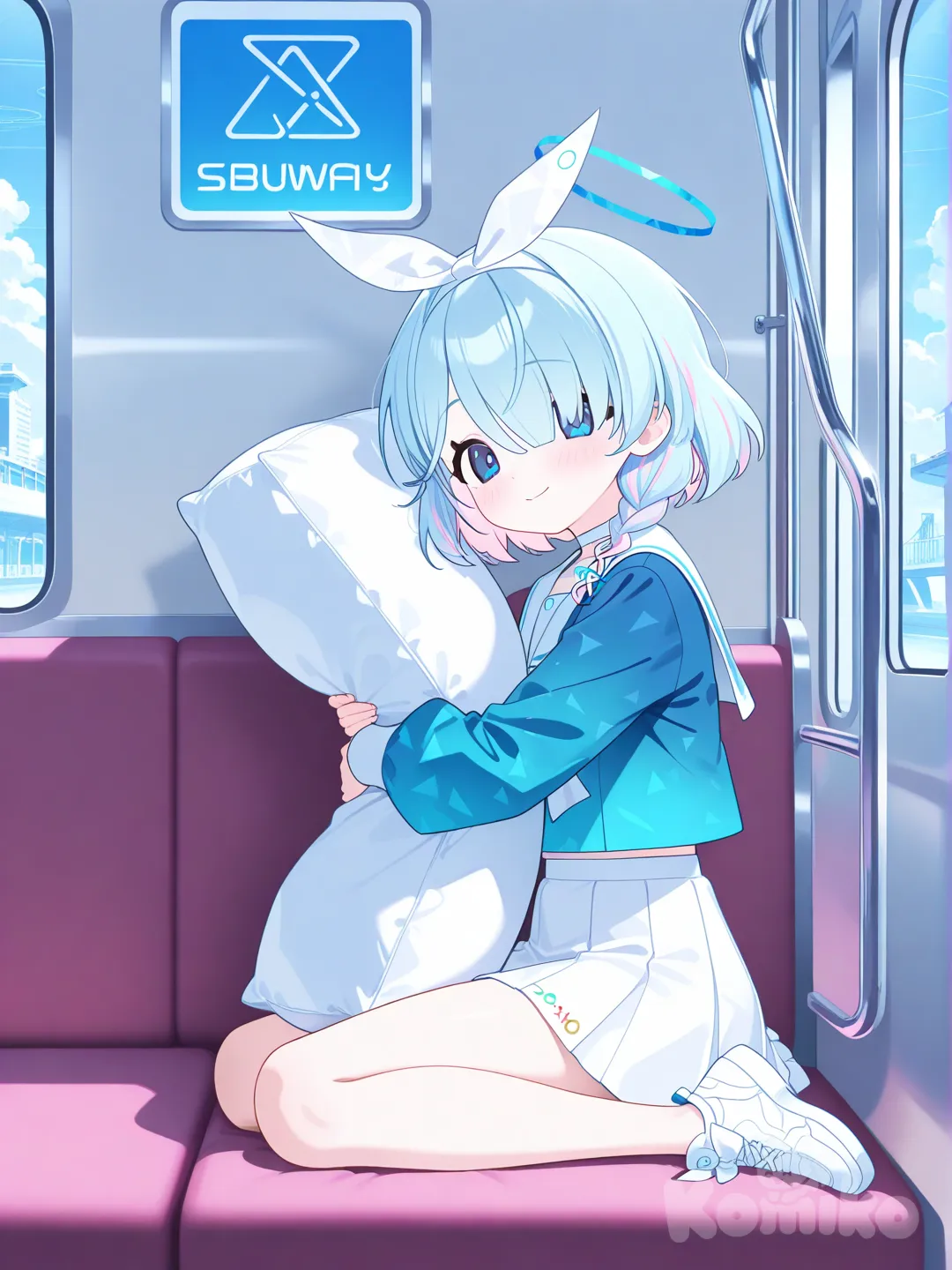 arona (blue archive), in subway, sitting, hugging a calafle pillow,wariza,on bed