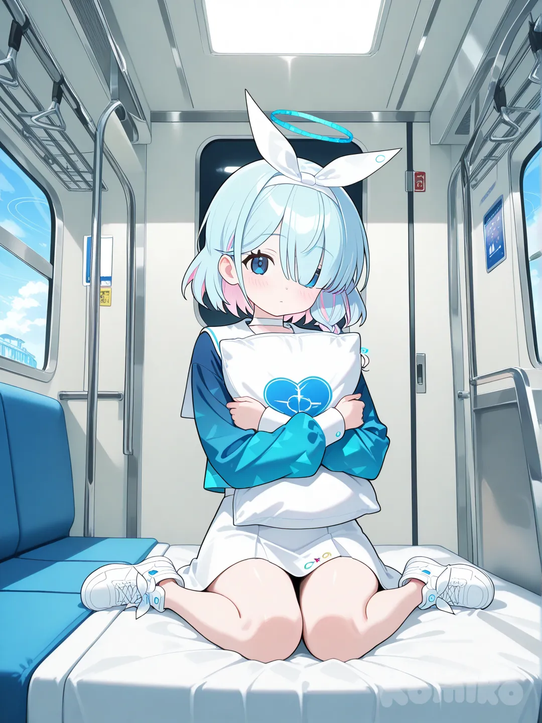 arona (blue archive), in subway, sitting, hugging a calafle pillow,wariza,on bed