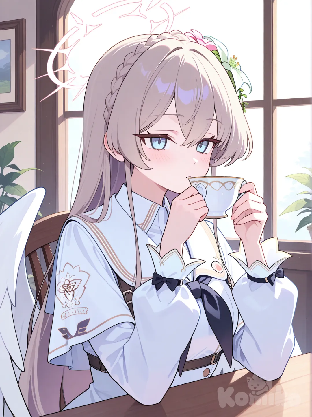 nagisa (blue archive),holding a teacup,sitting,Drinking tea