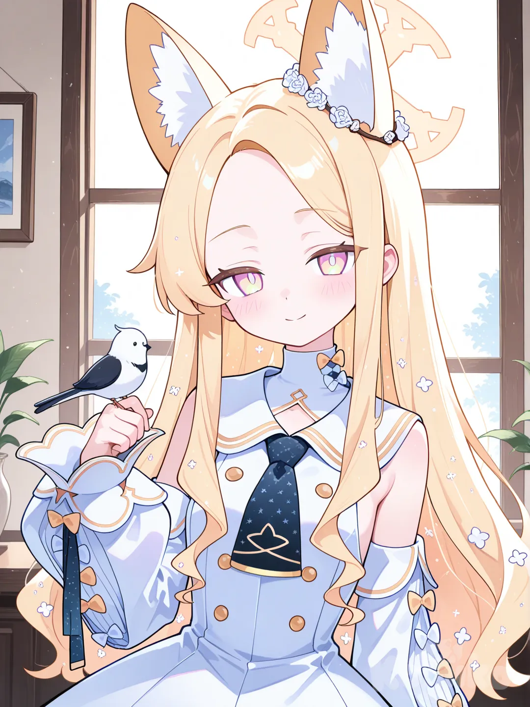 seia (blue archive), bird on head, bird on hand, bird on shoulder