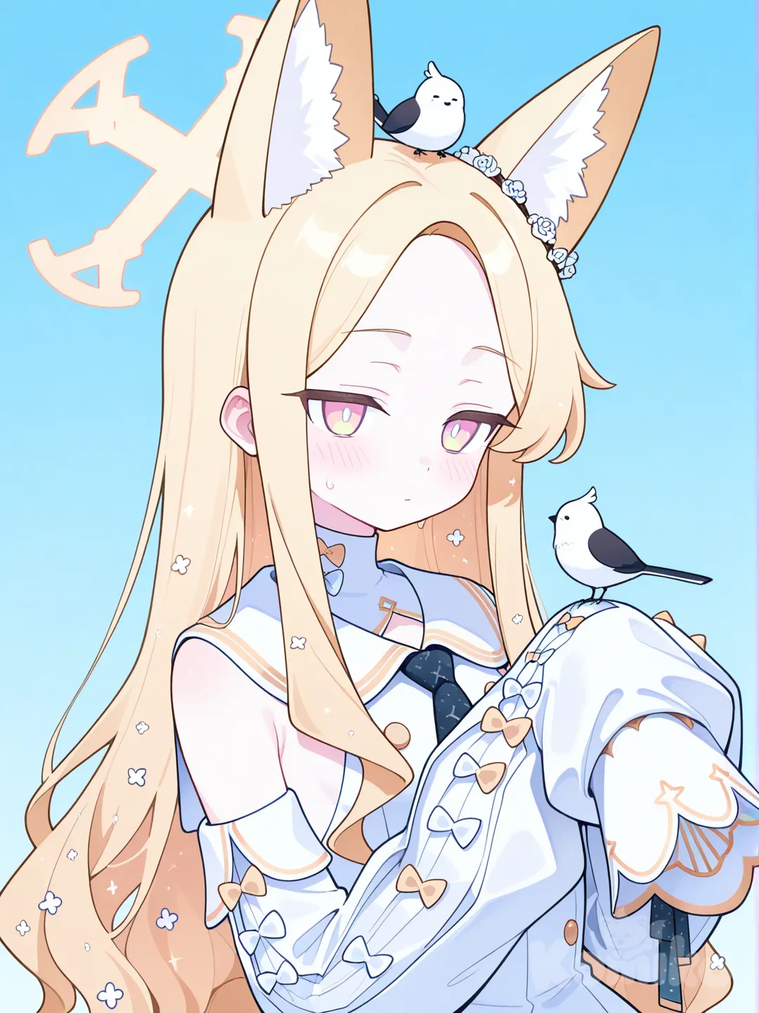 seia (blue archive), bird on head, bird on hand, bird on shoulder