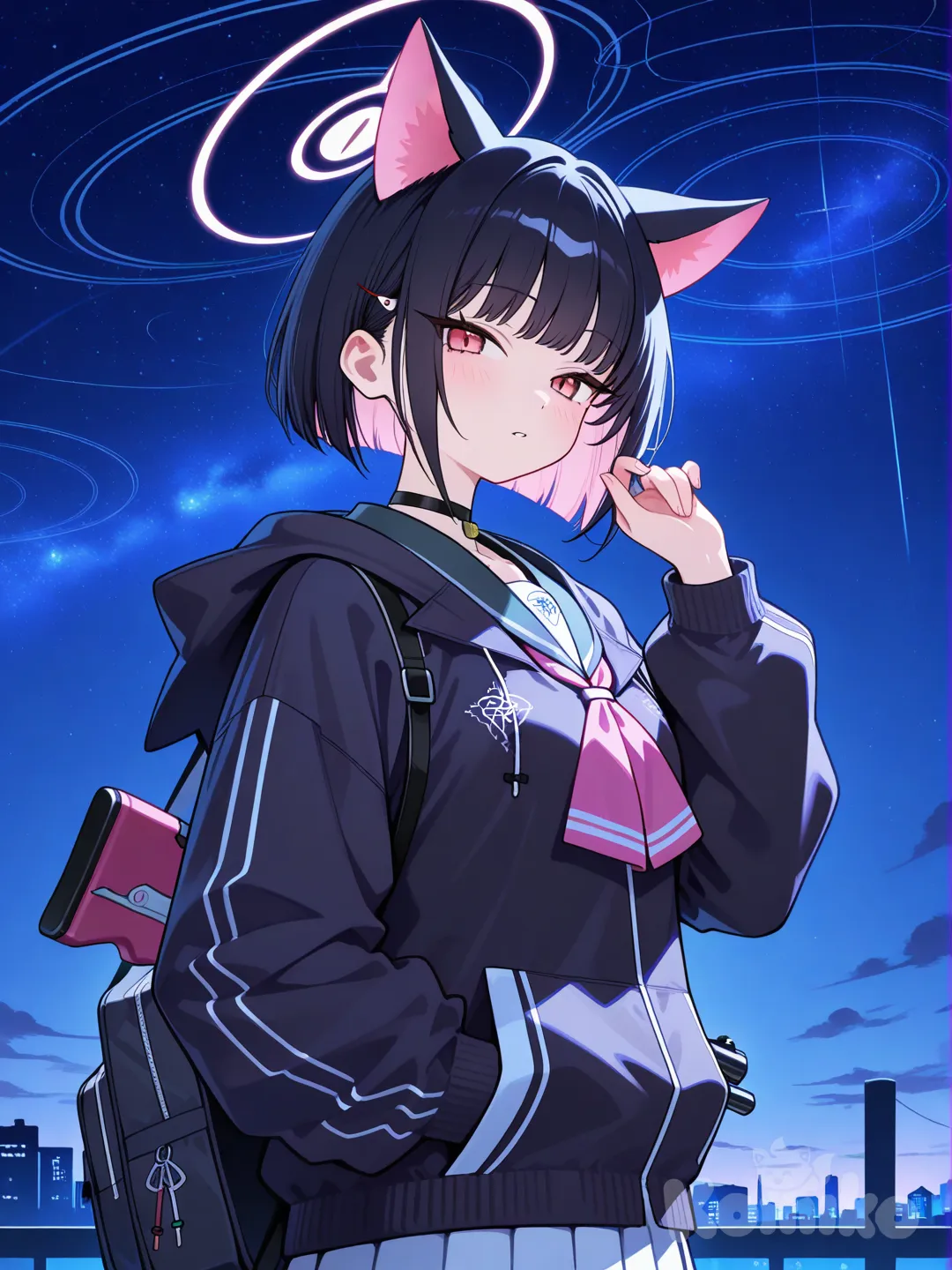 kazusa (blue archive), holding gun, night