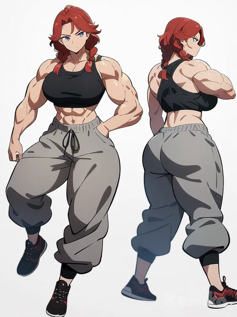 1girl, middle-aged, curvy, athletic, tall, red hair, braids, wavy hair, blue eyes, black tank top, muscles, abs, generous chest, loose military pants, black boots, single character, full body, looking at viewer, anime style, simple background, white background