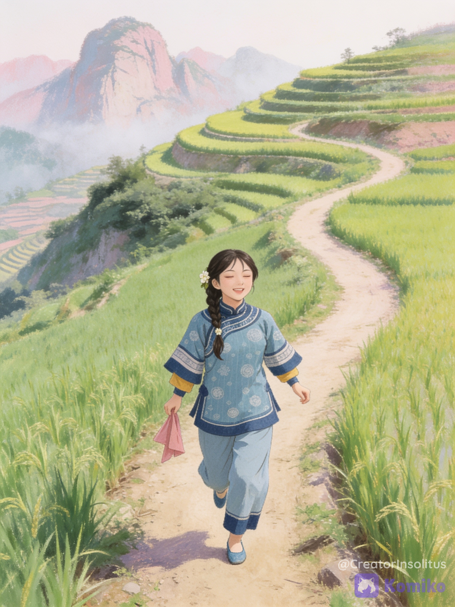 @lee-yan-l16e dans le style pastel, seule, courant sur un chemin de terre campagnard, les bras se balançant sur les côtés de manière joyeuse et mignonne, les yeux fermés et de manière insouciante, comme amusée, le chemin traverse un champs de rizières chinoises. en arrière-plan se trouvent d’autres champs de rizières en gradin sur les hautes collines qui entourent cette zone plus où moins plate ou se trouve le chemin dans le style pastel, en tout arrière-plan, en fond de manière presque flou se trouve le sommets de montagnes rocheuses embrumées dans le style pastel, l’objectif faisant comme si toute l’image et Lee aussi étaient dans une photo des années 1910, comme prise à ça hauteur, mais de manière un peu plus haute, face à elle, [style pastel doux]