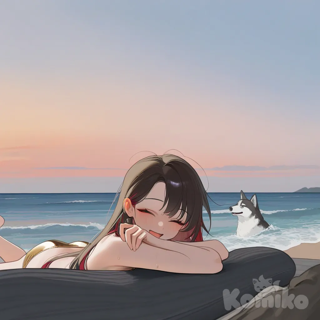 Location: beach, sunny, warm atmosphere, bright sky and sea. Shot 5–6: a female wolf (red and white, similar to to a husky) appears nearby in a gold bikini with black lines on the sides, laughing amicably at the situation, the caracal becomes even more embarrassed.d