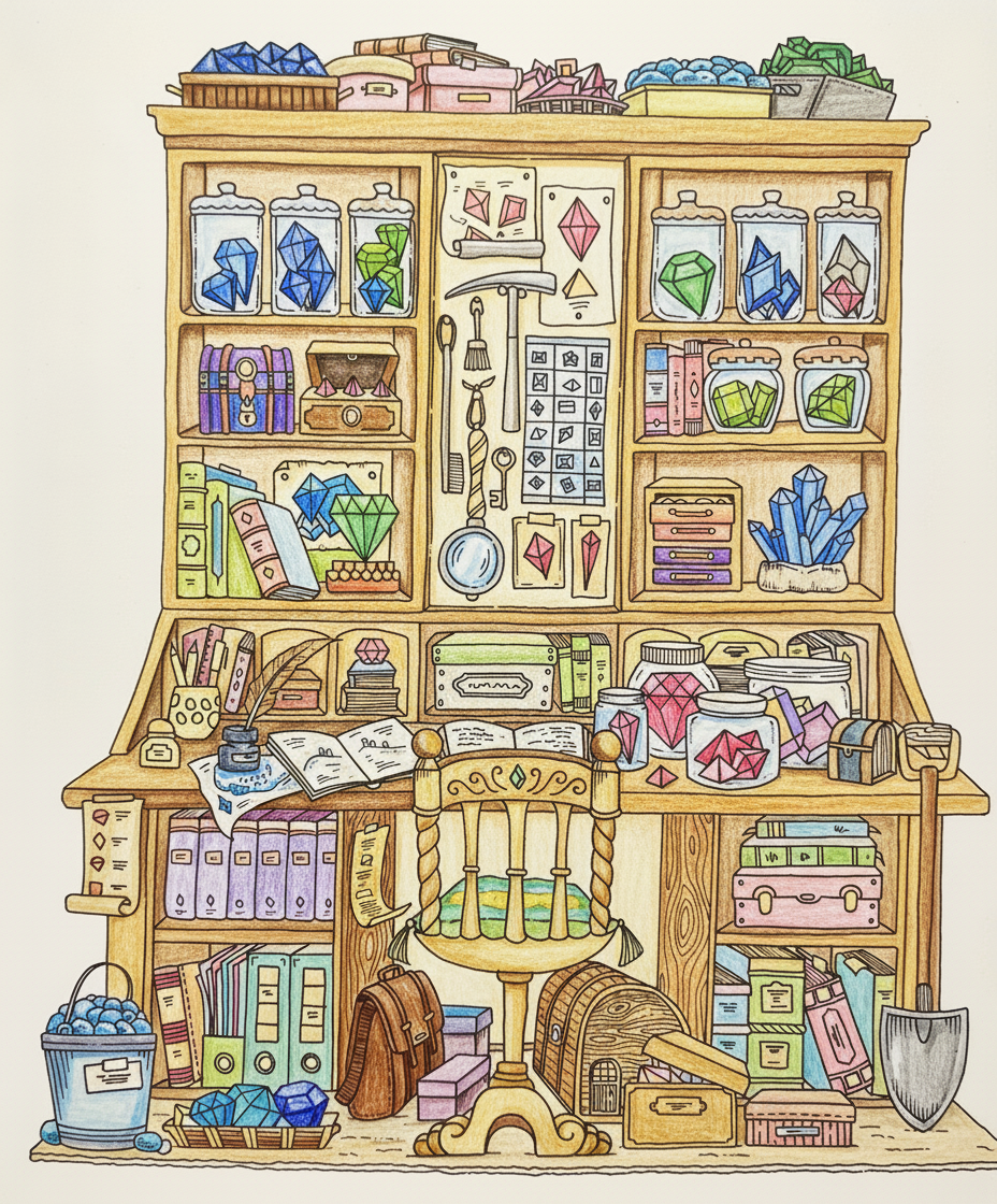 彩铅风格，装满晶莹剔透宝石的储藏柜和工作台，童话风格，符合逻辑，界限分明，色调和谐