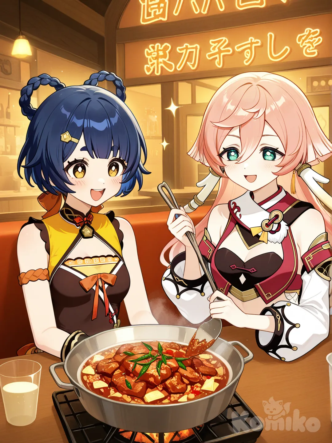 Xiangling and Yanfei eating together