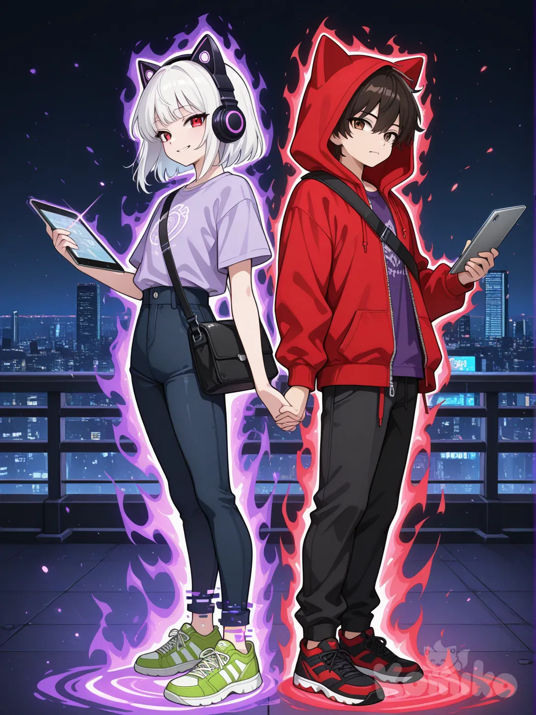Сделай арт в хорошем качестве, как в аниме. На изображении два персонажа: Парень среднего роста из аниме, 26 лет, у него темно-коричневые короткие волосы, на челке маленькая белая прядь волос и с красным цветом глазам, а также с серьезное выражение лица с улыбкой, одет он в черные штаны, черно-красный кроссовки и ярко-красную толстовку с капюшоном на молнии, ярко-красный капюшон у него одет на голову. От парня исходит красная магическая аура с глюками. Девушка среднего роста из аниме, 24 лет, у неё черные средней длины волосы и коричный цвет глаз, серьезное выражение лица с улыбкой, одета она в темно-синие штаны, зелёные кеды, фиолетовая футболка, также одета черная растёгнутая рубашка, на голове черно-фиолетовые наушники с кошачьими ушками, на левом боку через плечо весит синяя борсетка. От девушки также исходит фиолетовая магическая аура. В левой руке у неё серый планшет, а в правой руке черный веер, который светится фиолетовым свечением. Полный рост, мягкий кинематографичный свет, на заднем фоне ночной мегаполис, красный пространственный разлом с глюками из которого они вышли.