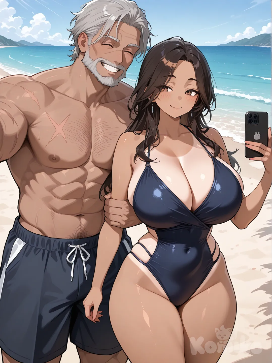 A slightly buff grandfather that has black hair with grey stands who is 11 feet tall and rugged having a scar on his arm from being in the war he has tan skin and a good jawline he'd be standing next to his beautiful granddaughter that's 40 years old and has bland hair from her mother's side she would be holding his arm and taking a selfie with her grandpa wearing beach clothes she has an amazing body big jiggle tits a nice curvy body with thick thighs and an ass so big and juicy you'd think it's fake