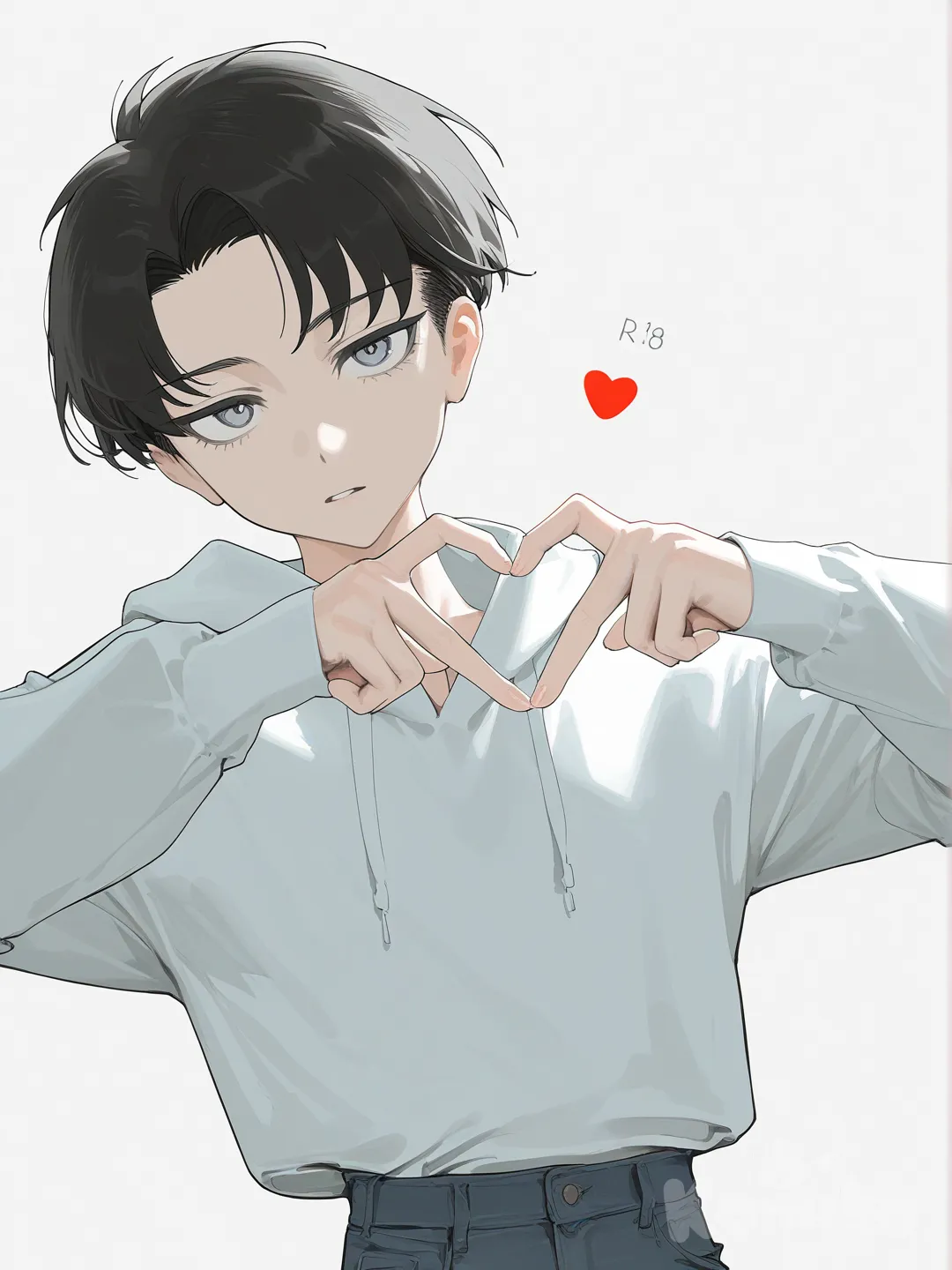 [vibrant-anime-style], heart hands, @Levi_(Shingeki_No_Kyojin), hoodie, jeans, upper body