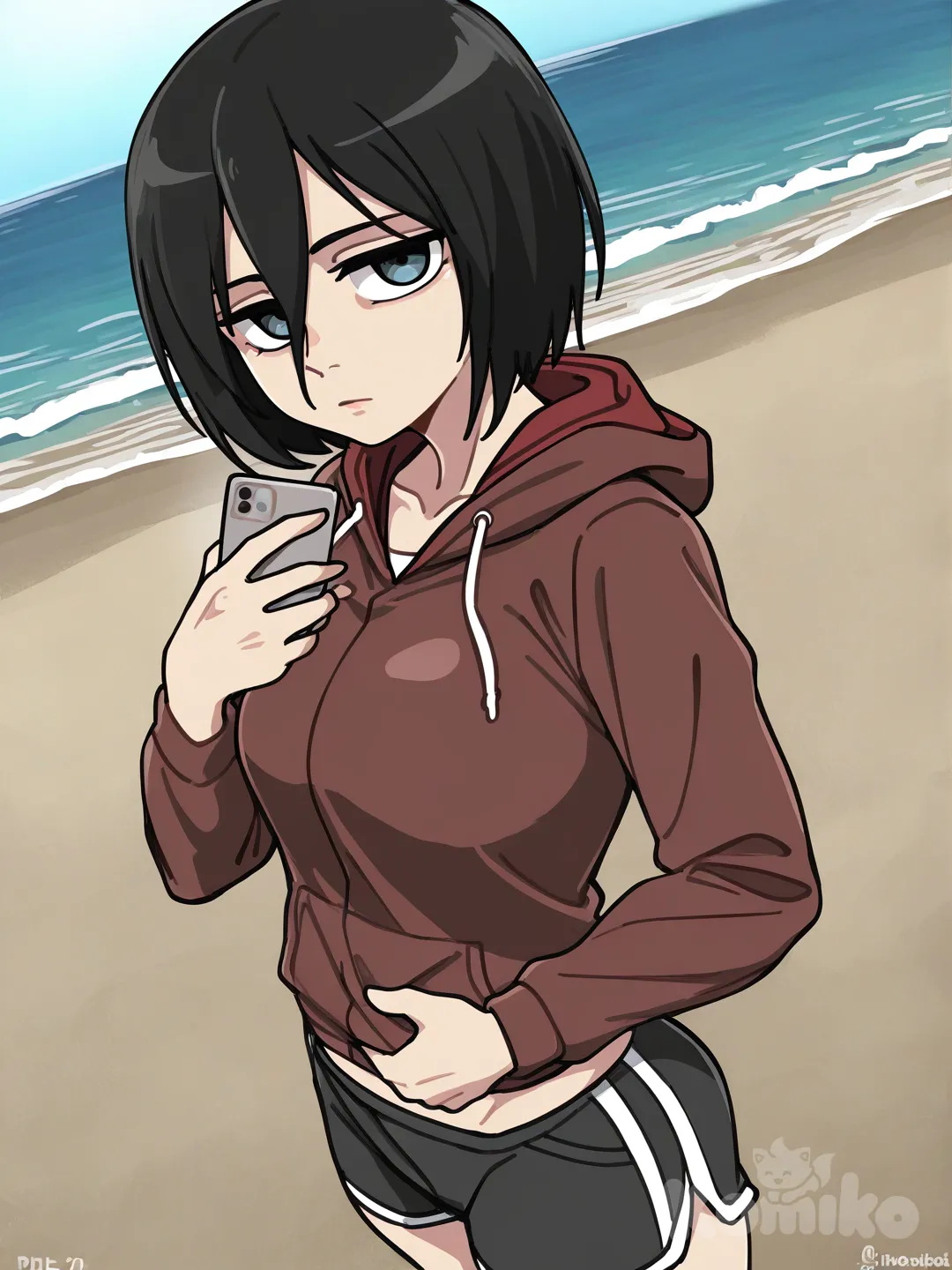 @Mikasa_Ackerman, [clean-lines-style], selfie, hoodie, beach shorts, upper body, ocean