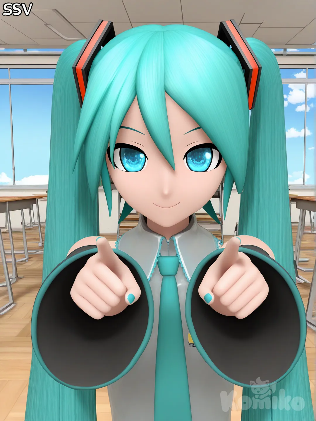 Hatsune Miku, [mmd-style], pointing at viewer, looking at viewer, upper body, blue sky, classroom while pooping on the floor